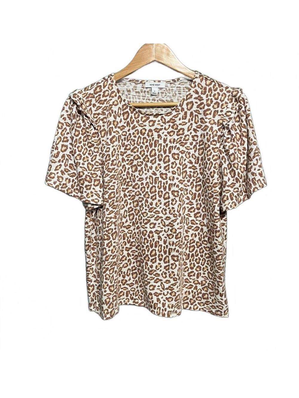 Nine West 90s Style Leopard Cheetah Animal Print Short Flutter Sleeve Top Size L